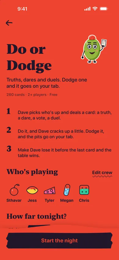 The Do or Dodge lobby: how it plays, the crew’s pieces and the heat picker, with Start the night at the bottom.
