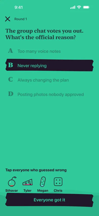 Mind Reader: the group chat votes you out, what’s the official reason? Never replying is marked as the answer.